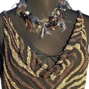 Cache Multi Color Bead Encrusted Lined Drape Neck Top Gold Pewter Brown NWT $168